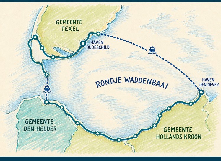 Kaart van het Rondje Waddenbaai met de route van Wadferry tussen Den Oever en Oudeschild